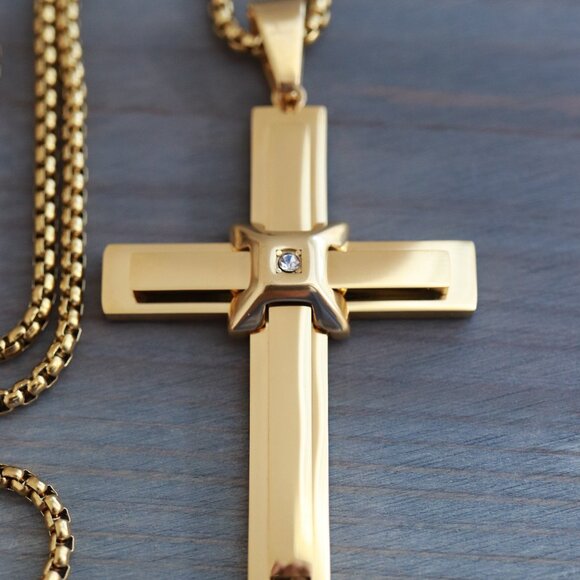 Cross Pendant with CZ Stone Style Round Cable Chain Necklace Stainless Steel - Picture 3 of 4